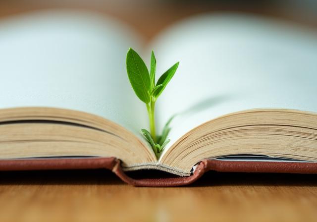 Germogli verdi che crescono tra pagine di appunti di sceneggiatura
